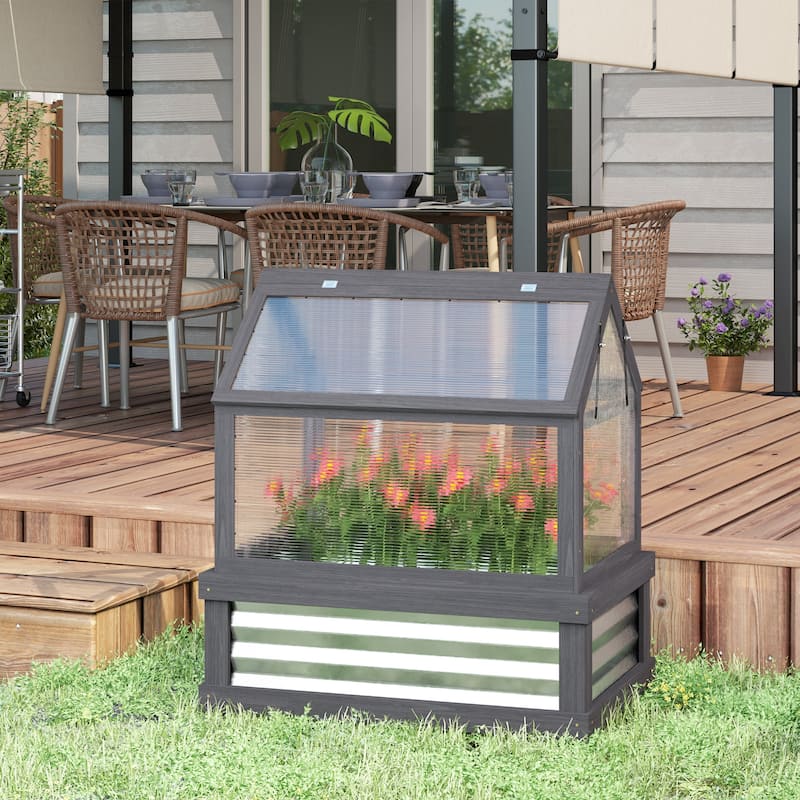 Outsunny Raised Garden Bed with Polycarbonate Greenhouse, Garden Wooden Cold Frame Greenhouse