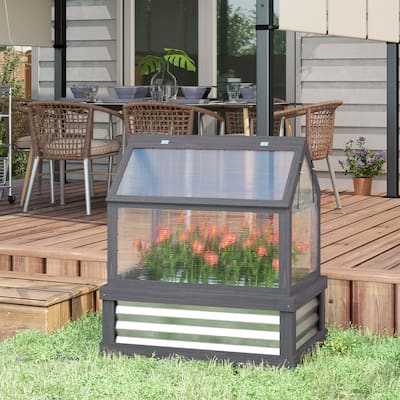 Outsunny Raised Garden Bed with Polycarbonate Greenhouse, Garden Wooden Cold Frame Greenhouse