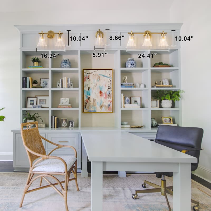 Gold Metal Wall Sconce Ribbed Trumpet Glass Shade for Bathroom Vanity