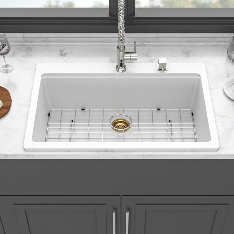 33" x 22" Drop-In Single Bowl Kitchen Sink with Grid, Roll-Up Rack & Bamboo Cutting Board, White Composite Granite - White