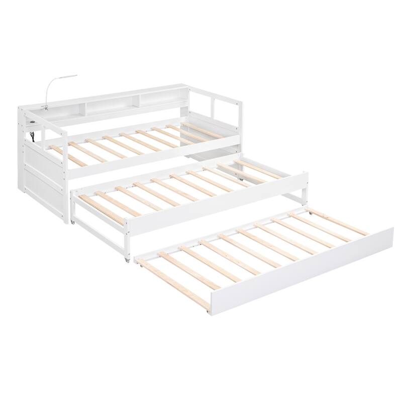 Wooden Bed Frame, Twin XL Daybed Bed w/2 Pull-out Trundles Bed, 3 Storage Cubbies and USB Charging Design for Bedroom, Apartment