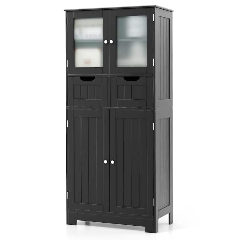 Floor Storage Cabinet with Glass Doors for Bathroom Kitchen or Entryway - 23.5" x 12" x 50.5" - Black