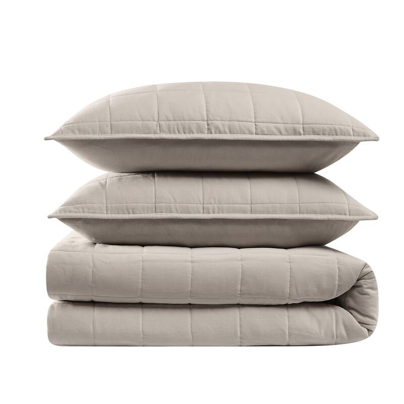 Brooklyn Loom Matte Cotton Velvet Box Stitch Quilt Set - Grey - King - 3 Piece