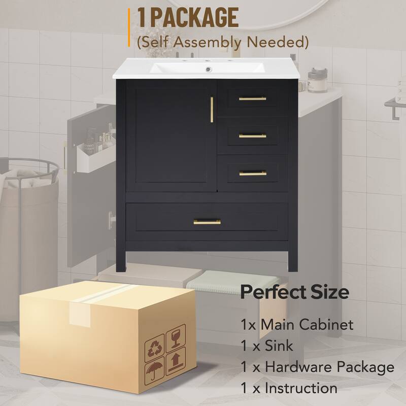 30" Bathroom Vanity with Ceramic Sink, Soft-Close Doors & Drawers, Solid Wood Frame, Modern Storage Cabinet
