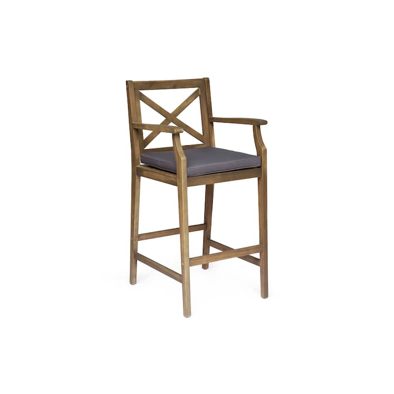 Roomfitters 2-Piece Outdoor Acacia Wood Bar Stools with Armrests and Cushions, X-Back Patio High Dining Chairs