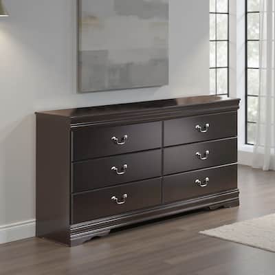 Yara Wide Dresser, Classic Black Finish, 6 Drawers, Pewter Handles