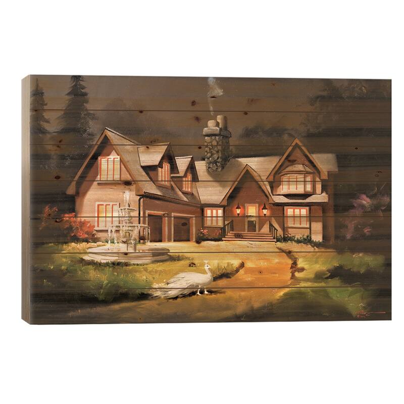 House With Peacock Print On Wood by D. "Rusty" Rust - Multi-Color - 18x26x1.5