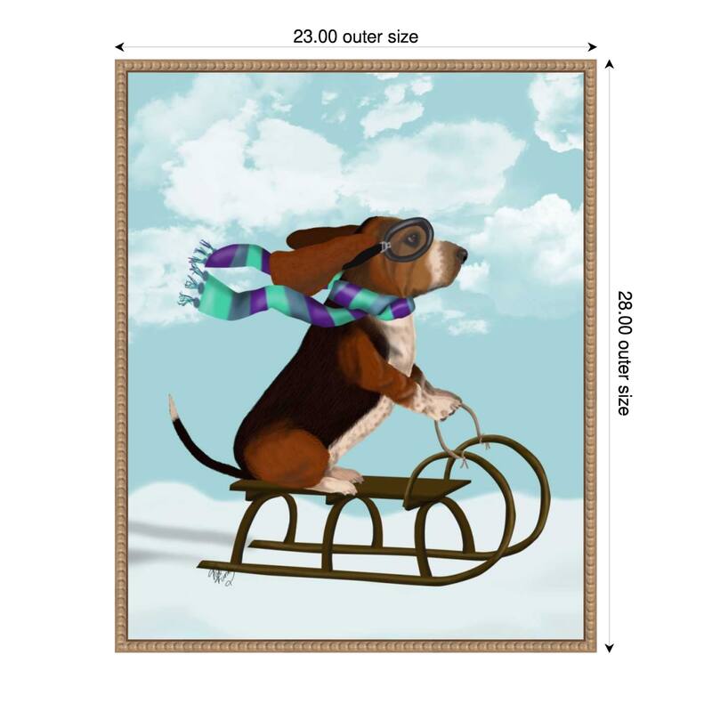 Basset Hound Sledging by Fab Funky (23 x 28 in.), Framed Canvas Wall Art Print - Sylvie Beaded Rustic Natural