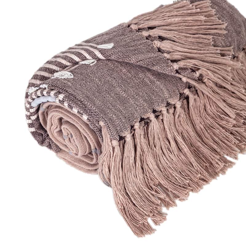 HomeRoots 50" X 60" Taupe and Gray Woven Cotton Striped Throw Blanket with Fringe