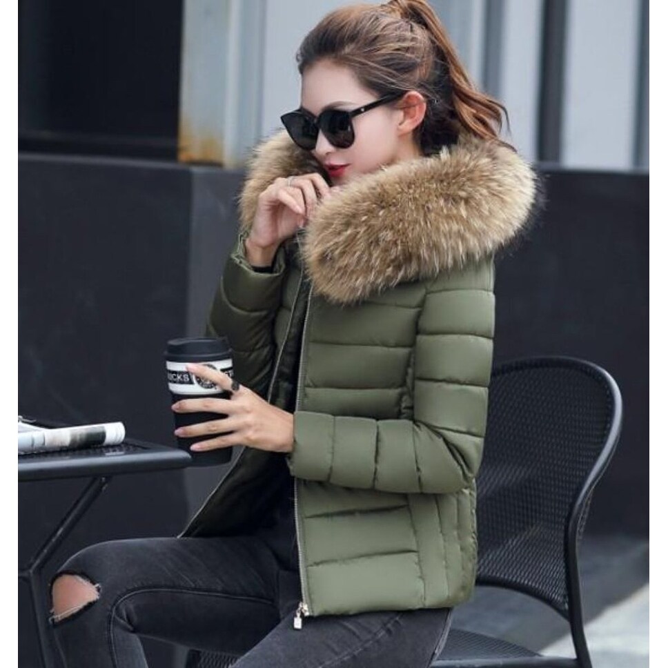 Shop Womens Army Green Hooded Slim Fit Winter Zip Up Short Coat