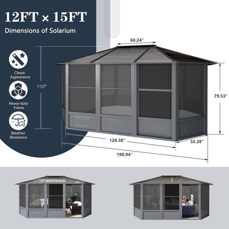 Erommy Outdoor Solarium Sunroom, Patio Hardtop Gazebo, Aluminum Frame Permanent Gazebo with Sliding Doors and Screens