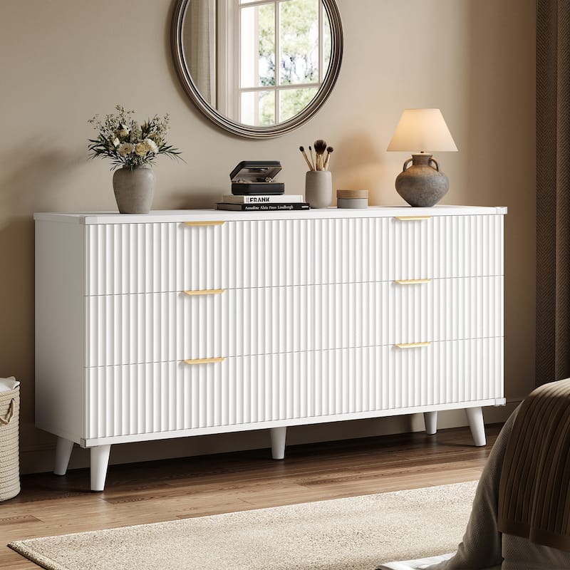 6 Drawer Dresser for Bedroom, 53" Wide Boho Fluted Dresser