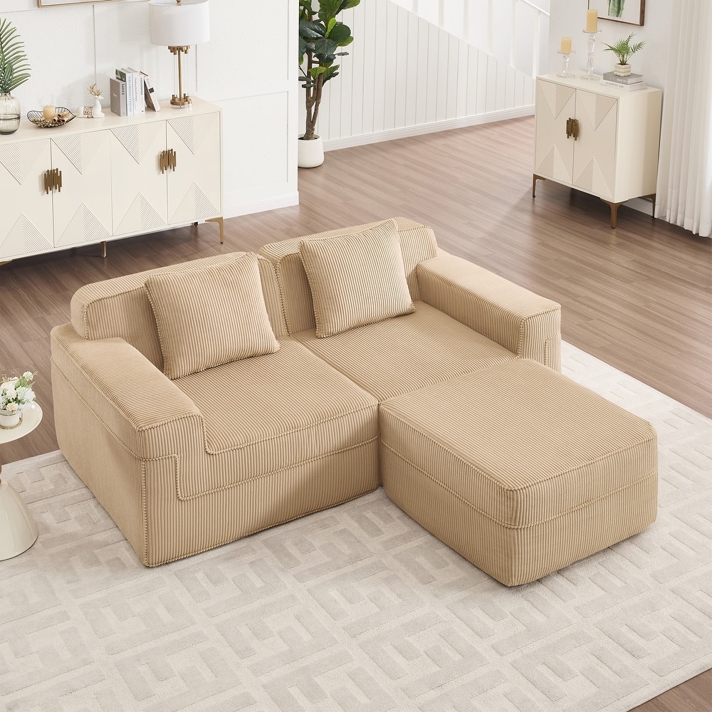GDFStudio - Corduroy Modular 2-Seater 81.1" L-Shaped Cloud Sectional Loveseat Sofa with Ottoman