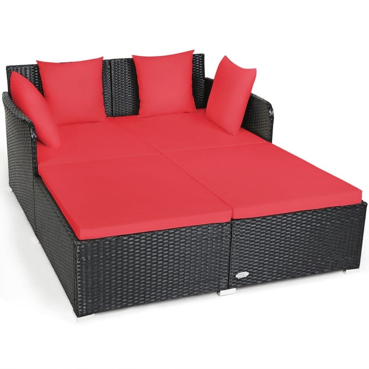 Outdoor Rattan Daybed with Cushions for Patio Garden Lounge Seating - Red