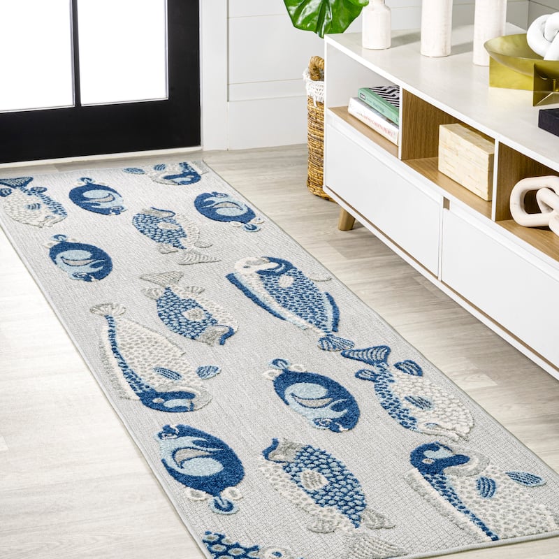 JONATHAN Y Aranciata Modern Fish High-Low Indoor/Outdoor Area Rug - 2 X 8 - Gray/Navy