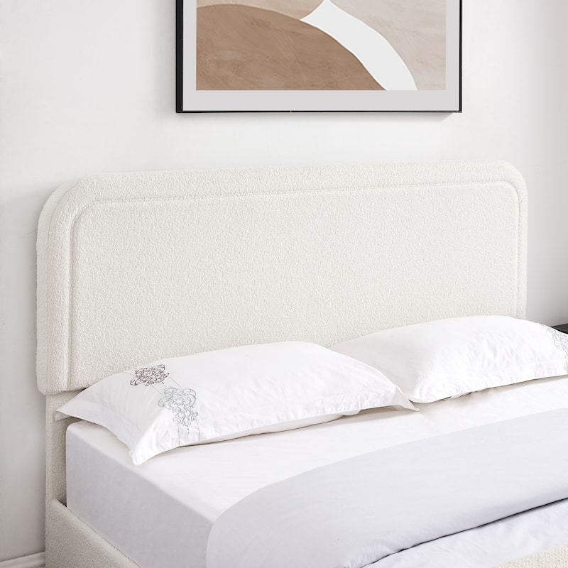Ivory Boucle Upholstered Queen Storage Bed with 2 Patented Drawers, Curved Tufted Headboard, Wooden Slat Support