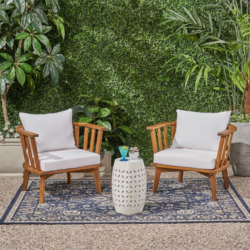 Polmer Outdoor 2 Seater Acacia Wood Club Chairs and Side Table Set by Christopher Knight Home - Teak+White