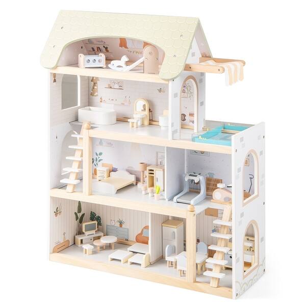 slide 1 of 1, Costway Kids Wooden Dollhouse 4-Story Modern Doll House with 33Pcs - as pic shows - See Details as pic shows - Assembly Required - See Details - Kids