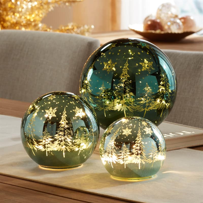LED Pine Tree Globe Set of 3 Glass Winter Decor with Warm Lights - 7.75” x 7.75” x 7.25”