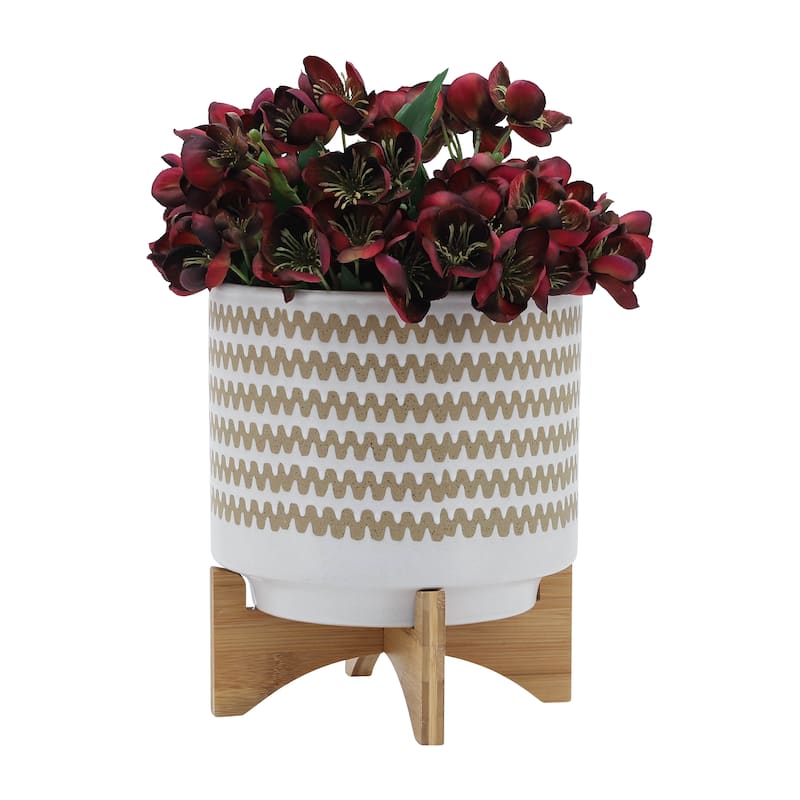 White and Tan Ceramic Handmade Planter with Natural Wood Stand