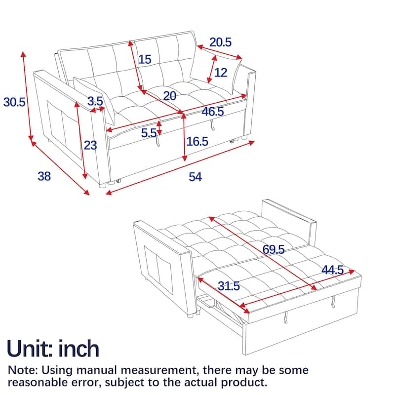 54" Wide 3 in 1 Velvet Sleeper Sofa for Living Room