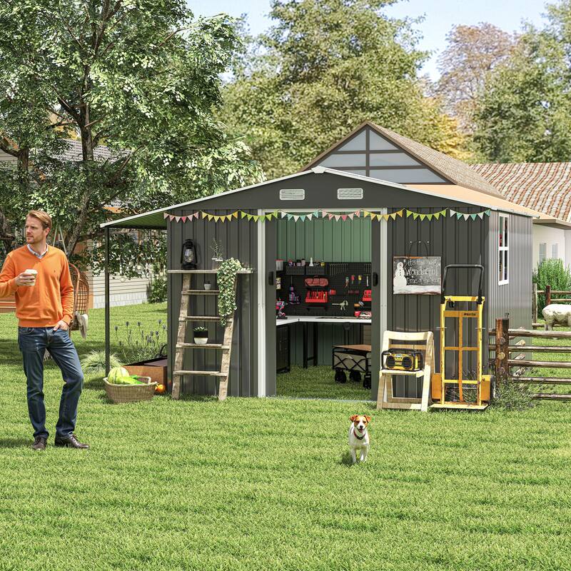 10x12 Ft Outdoor Storage Shed, Extra Large Metal Shed with Lockable Doors, Windows, Outside Steel Tiny House Ideal