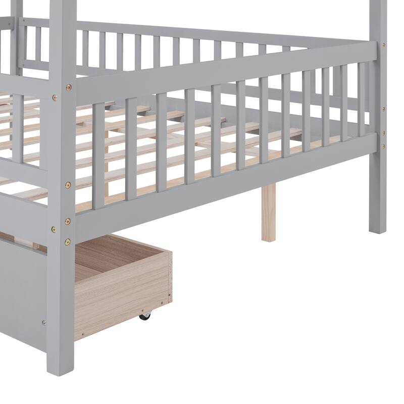 Wood Playhouse Bed Frame with 2 Drawers & Roof for Kids, Boys or Girls