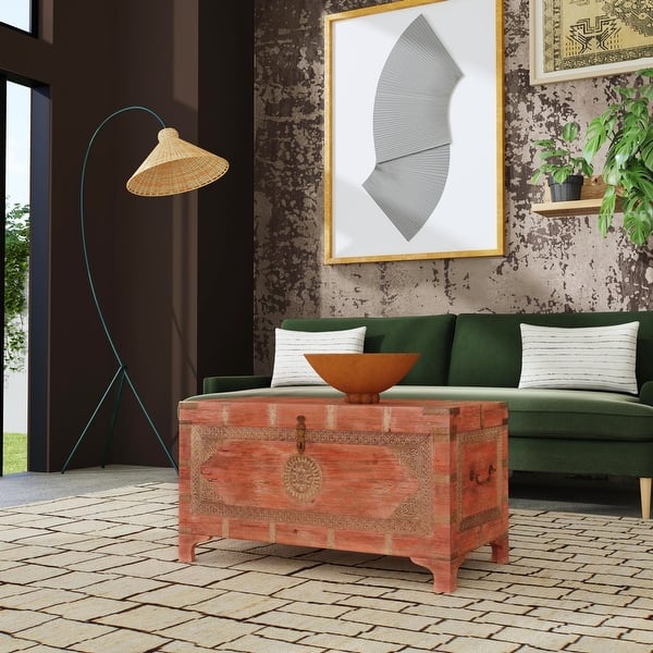 slide 2 of 10, Nador Hand-Painted Brass Inlay Storage Trunk Coffee Table Blush