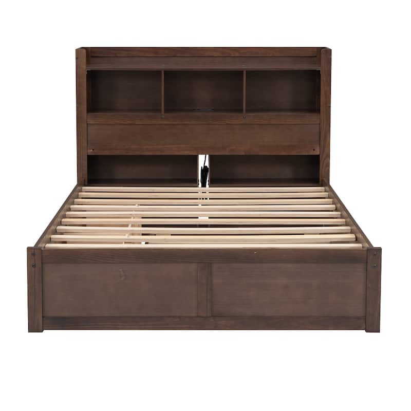 Full Size Storage Platform Bed with Pull Out Shelves, Twin Size Trundle and 2 Drawers, Espresso