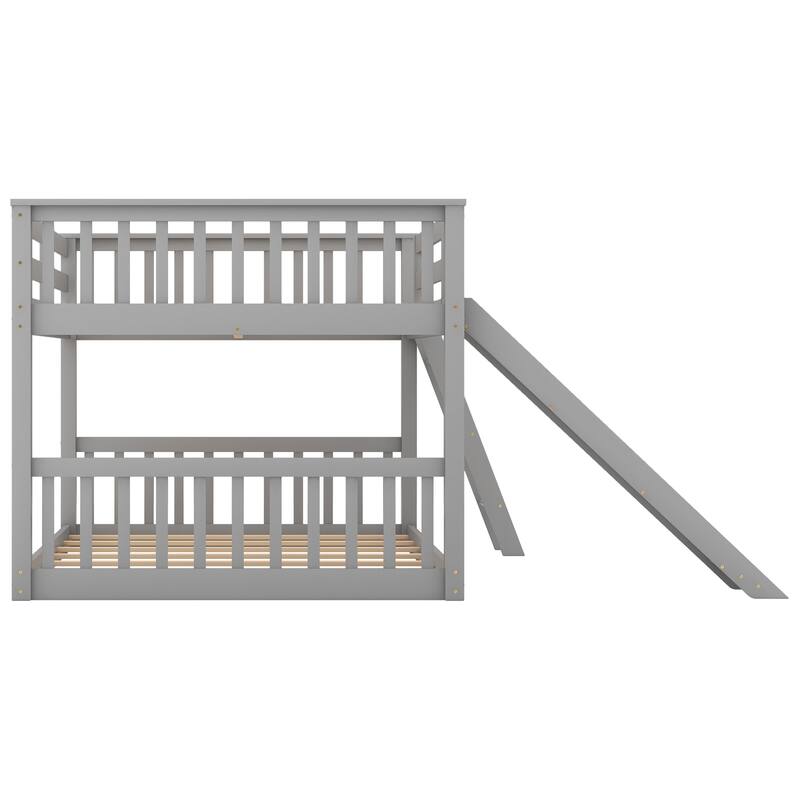 Full Solid Wood Low Bunk Bed with Slide