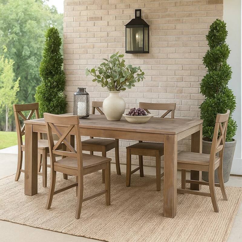 Rectangular Wooden Dining Table with Block Legs, Weathered Brown