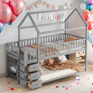 Kids and Baby Twin over Twin Bunk Bed with Storage Shelves and Drawers