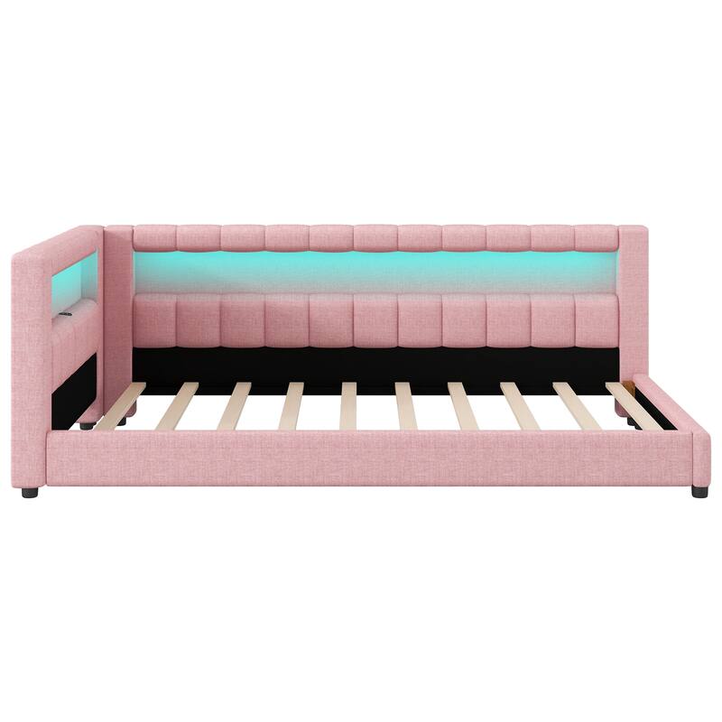 Upholstered Low-Profile Daybed Platform Bed Built-in USB Ports and LED Light Belt, Grounded Design with Padded Backrest
