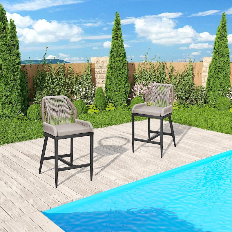 Counter Height Bar Stools Set of 2 Boho Rope Counter Height Bar Stools Rattan Woven Aluminum Modern Barstools
