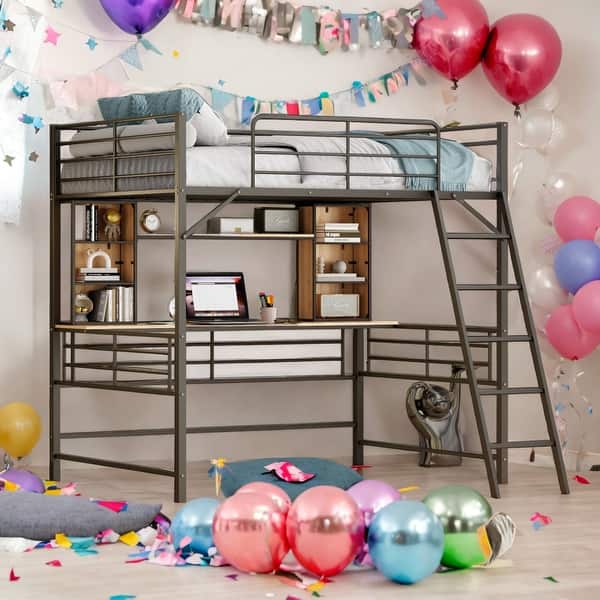 slide 2 of 18, Modern Full Size Loft Bed With Desk And Storage Shelves And Ladder And Safety Guaranteed Black