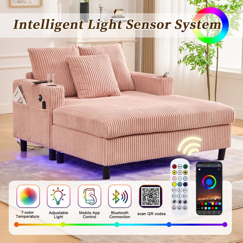Corduroy Recliner Sofa - Oversized Deep Seat with USB, RGB Lights, Cup Holder & Side Pocket - Living Room, Bedroom