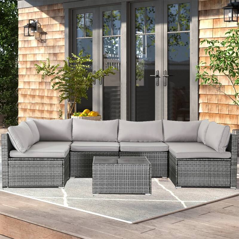 7-Piece Wicker Patio Conversation Set with Cushions - Grey