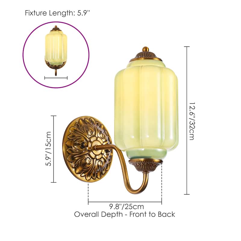 1-Light Vintage Aged Antique Brass Finish Lantern Shaped Wall Light with Milk/Green Glass for Bedroom, Hallways