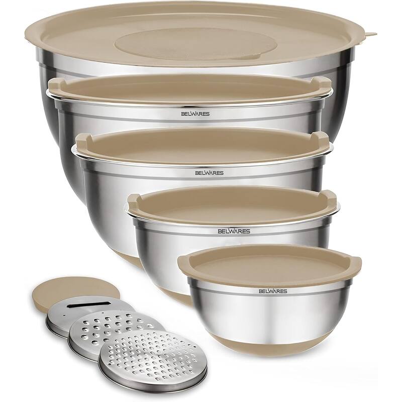 Belwares 5-Piece Stainless Steel Mixing Bowls with Airtight Lids and Graters - Non-Slip Nesting Bowls Set