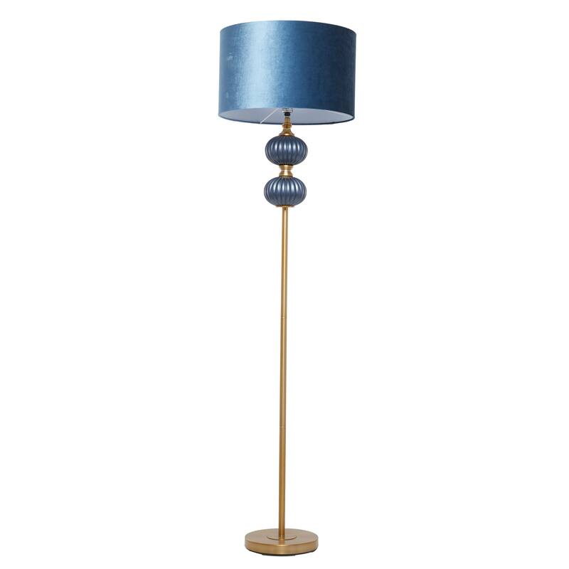 Blue Fabric Ribbed Room Floor Lamp with Velvet Shade and Gold Accents