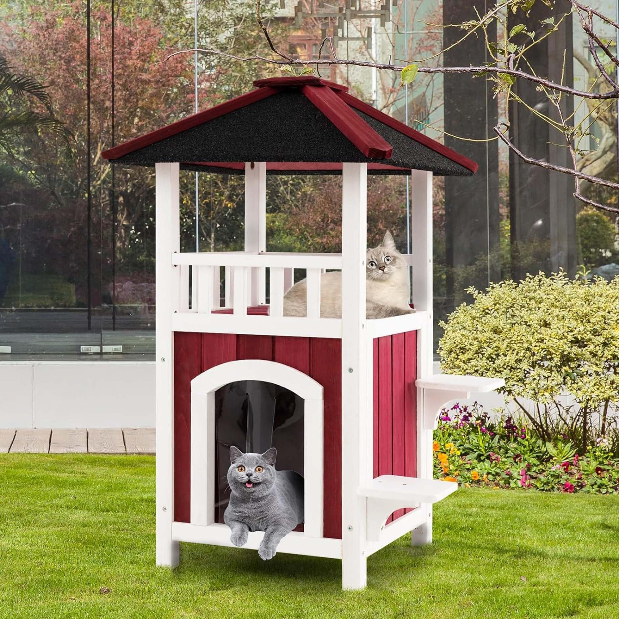 Outdoor Cat House 2-Story Feral Cat Shelter w/Asphalt Roof Balcony
