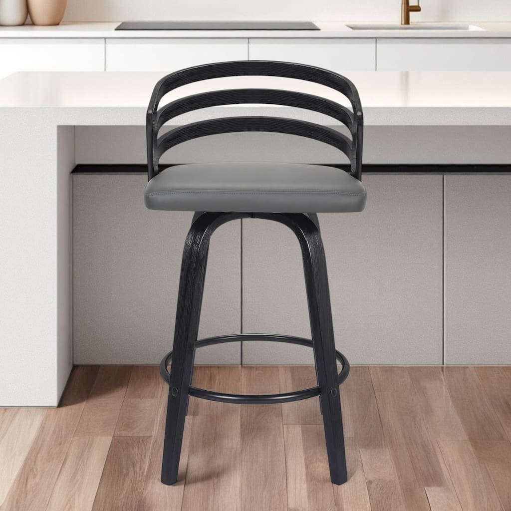 26" Comfortable Grey Fabric Swivel Bar Stool with Footrest and Low Back for Kitchen Counter - 35”H x 19”W x 19.5”D