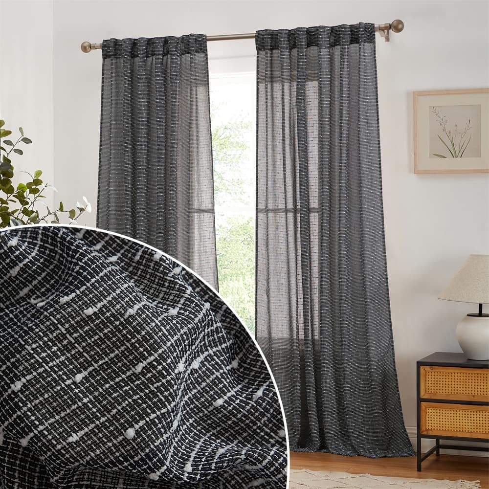 HLC.ME Emily Faux Linen Semi Sheer Transparent Rod Pocket Back Tab Lightweight Window Curtains Wide Panels, Pair