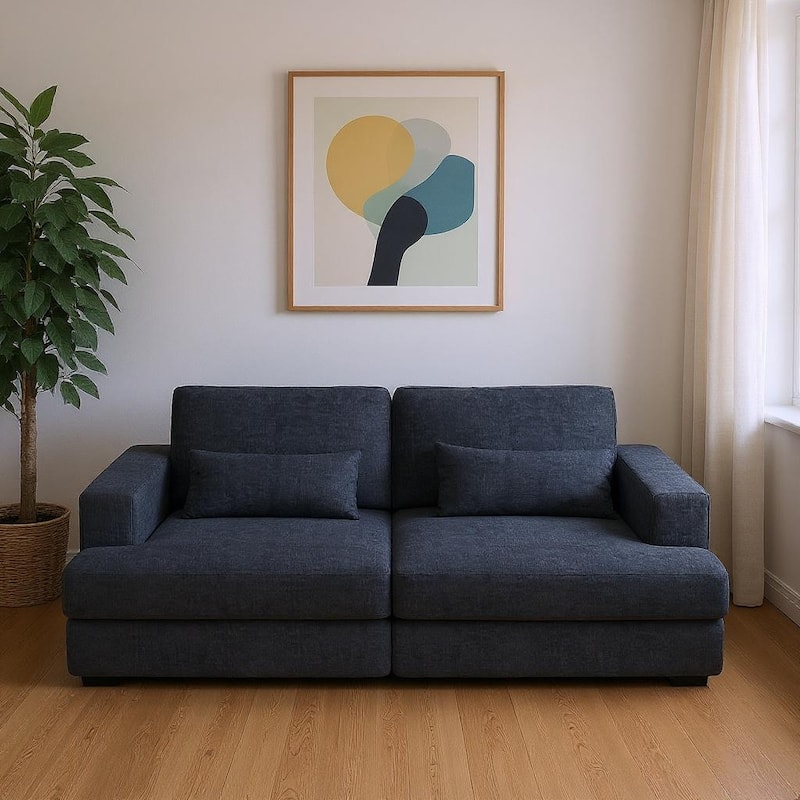 HomeRoots 93" Blue Chenille Modular Stainless Steel Sleeper Sofa With Toss Pillows - Blue