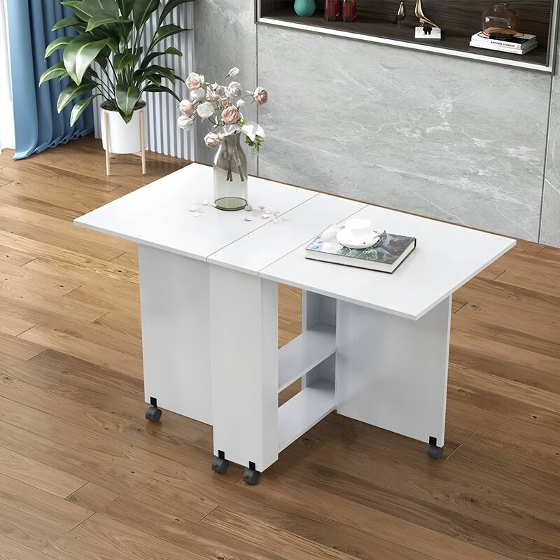Space-Saving Drop-Leaf Table‌ – 47.2"L x 23.6"W x 30.3"H, White Finish With 6 Wheels & 2-Tier Storage Shelf (Foldable Design)