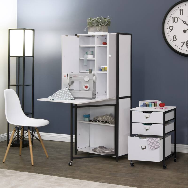 Multipurpose Armoire (58.75" Tall) with Folding Top for Craft, Sewing, Office or Home/ Black/White