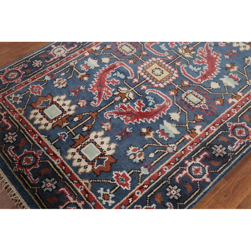 Blue Geometric Oushak Indian Area Rug Handmade Wool Carpet - 3'11"x 5'10"