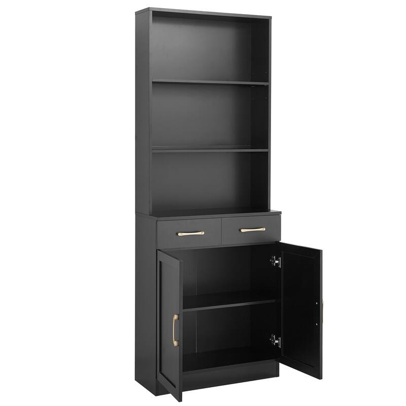Storage Cabinet for Bathroom, 2 Doors Wooden Cabinet with 2 Drawers Three-layer Open Shelf, Bathroom Floor Cabinets