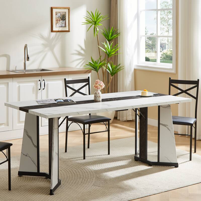 70.9" Large Dining Table for 6-8, Modern Farmhouse Kitchen Table with Spacious Tabletop & V-Shaped Steel Base, Adjustable Legs - White+Black style B