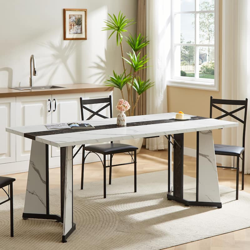 70.9"Rectangular Large Dining Table, Waterproof Large Desk For 8 People, Deluxe Family Dining Table With Adjustable Legs - White+Black